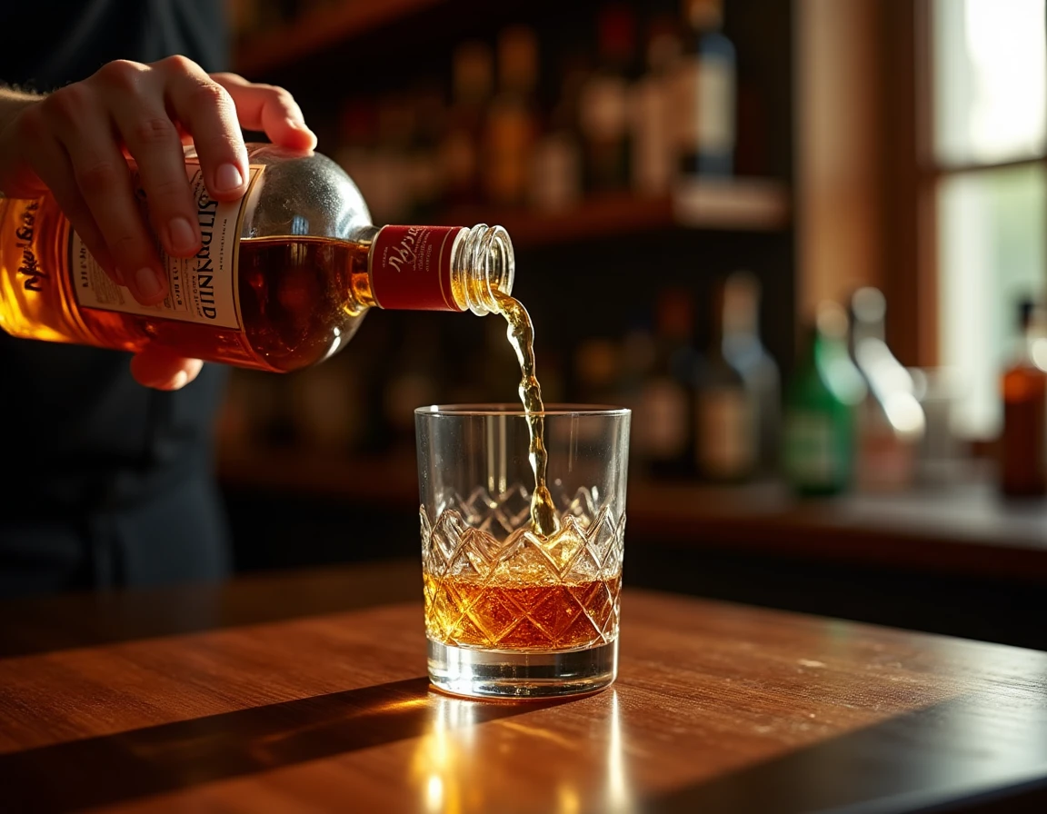 Close-up action shot of whisky being poured from a Springbank bottle into a Glencairn glass, liquid streams catching war