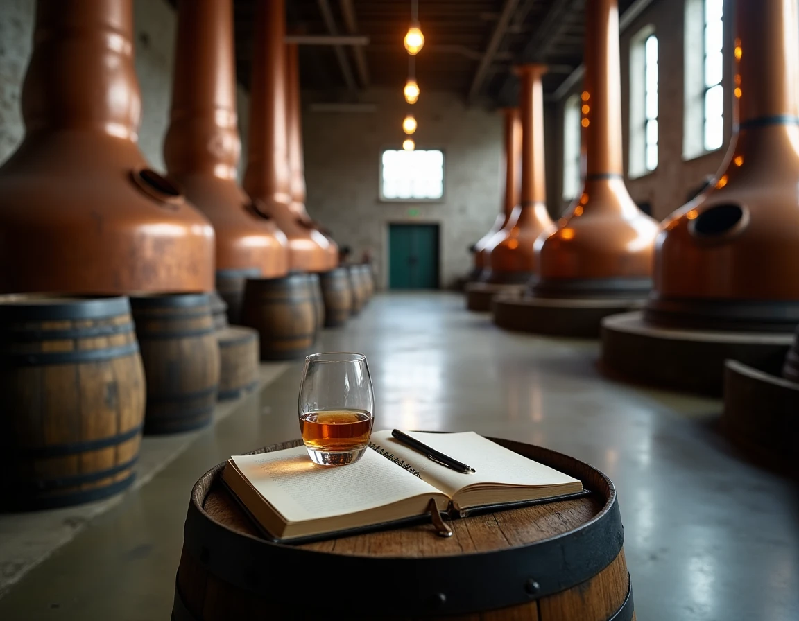 Wide atmospheric interior of Springbank Distillery in Campbeltown, rows of traditional copper pot stills in a stone-wall
