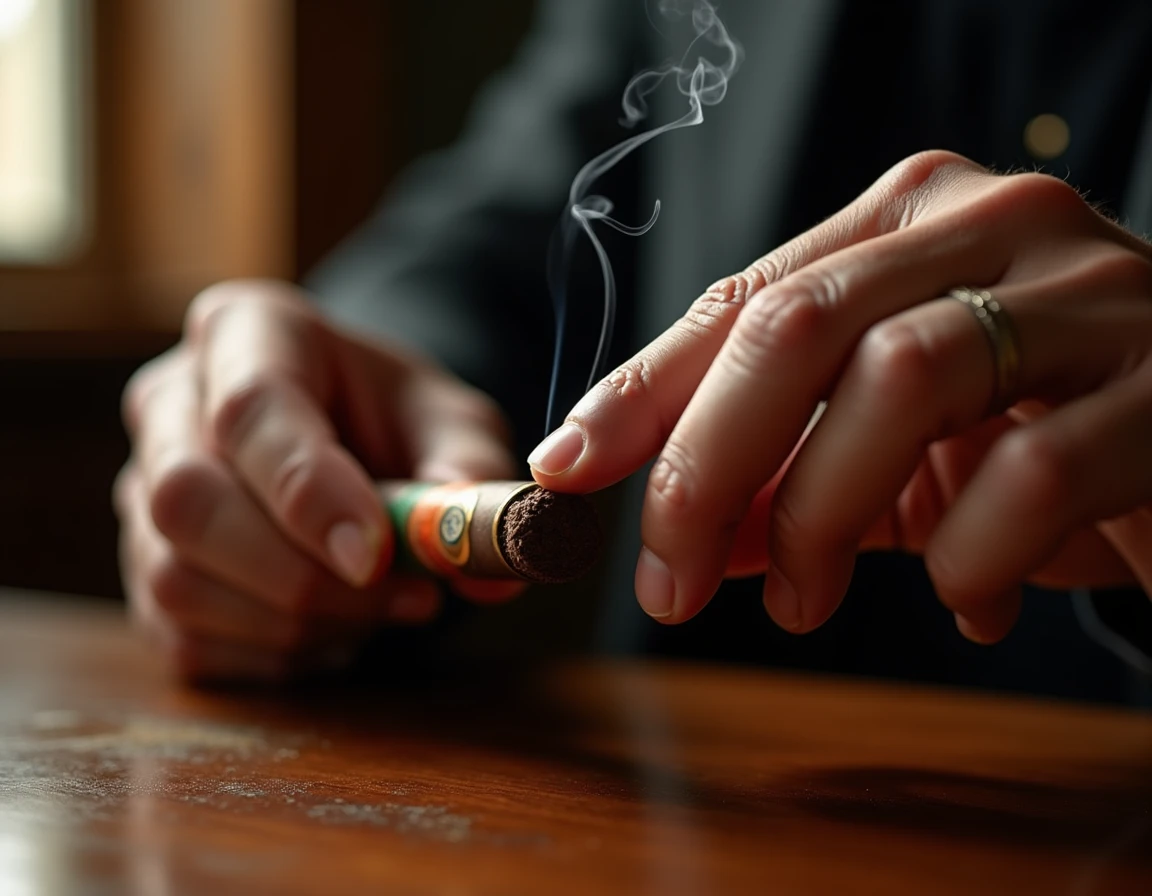 Close-up action shot of aged hands gently toasting the foot of a Padron 1964 Anniversary Maduro Belicoso cigar with a ce