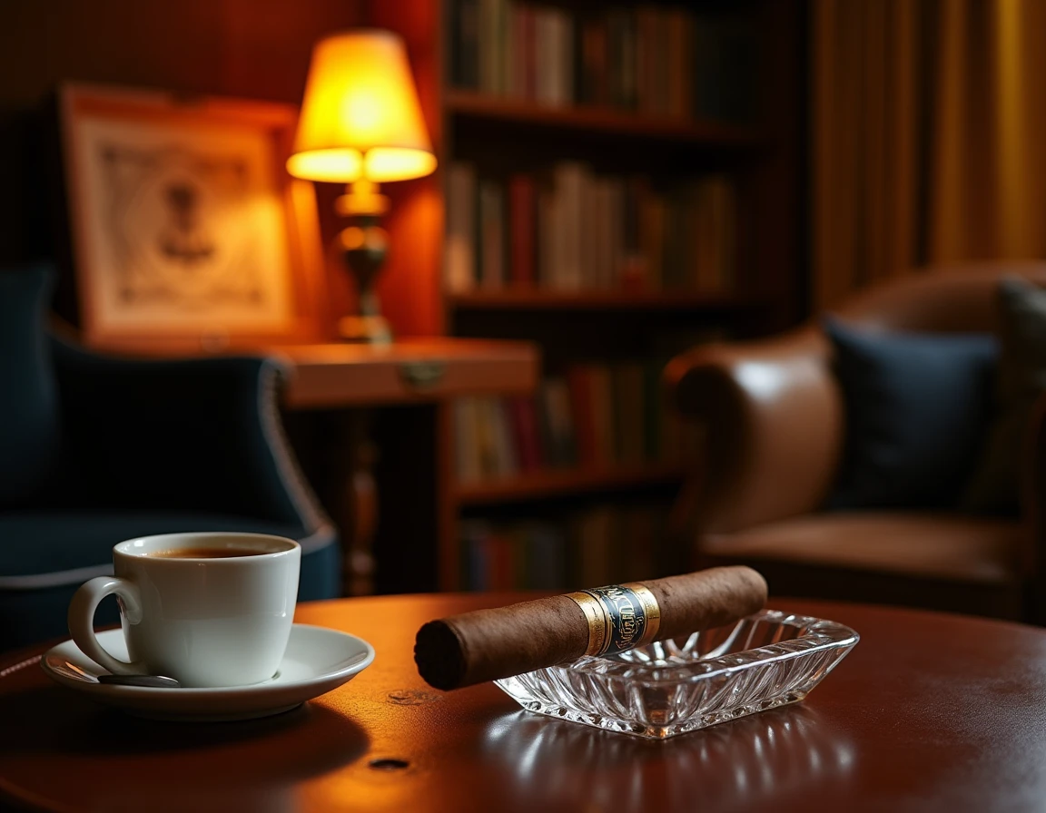 Wide atmospheric shot of a private cigar lounge interior featuring a cedar-lined humidor cabinet open in background, Pad