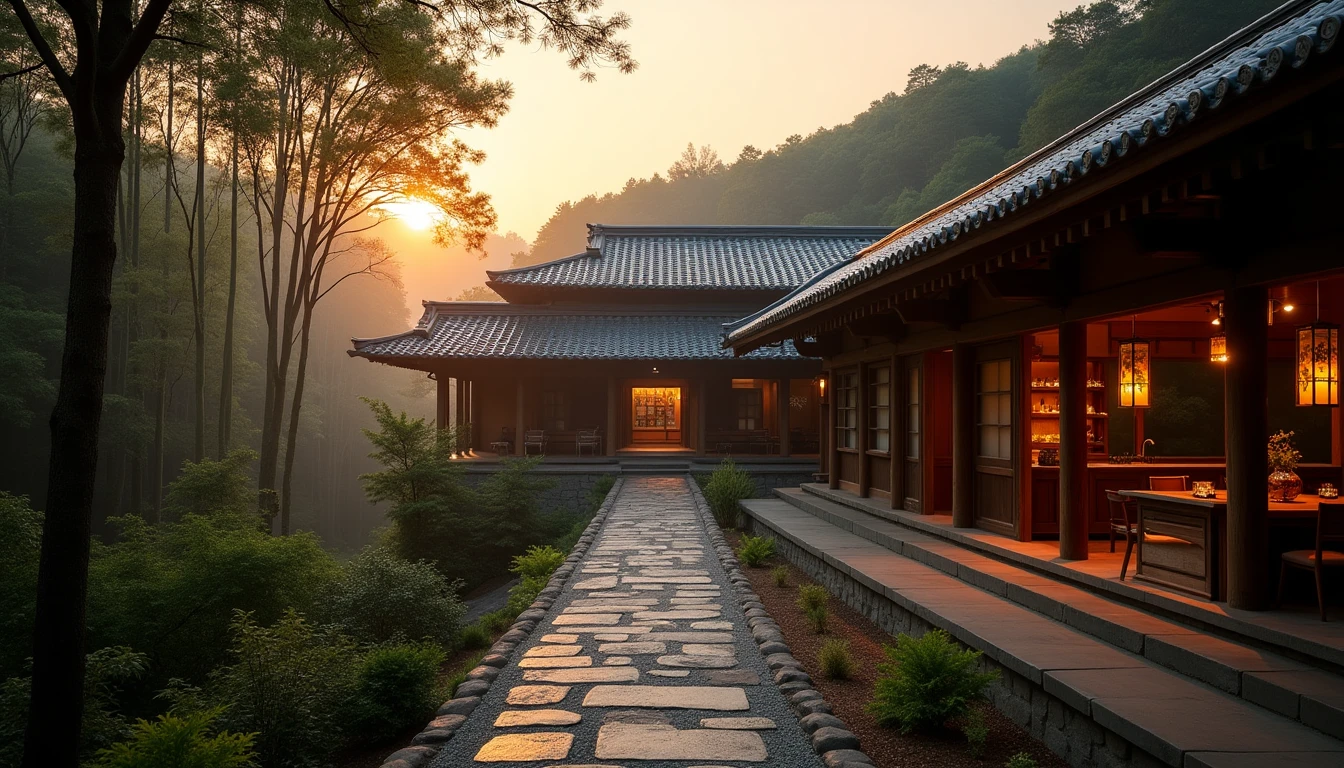 Editorial wide-angle photograph of Yamazaki Distillery exterior at dawn, traditional Japanese wooden architecture surrou