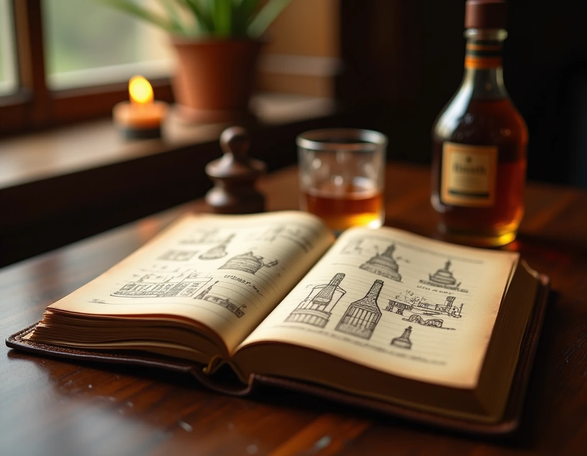 Close-up editorial shot of a weathered leather-bound notebook open on a dark walnut table, handwritten distillation note