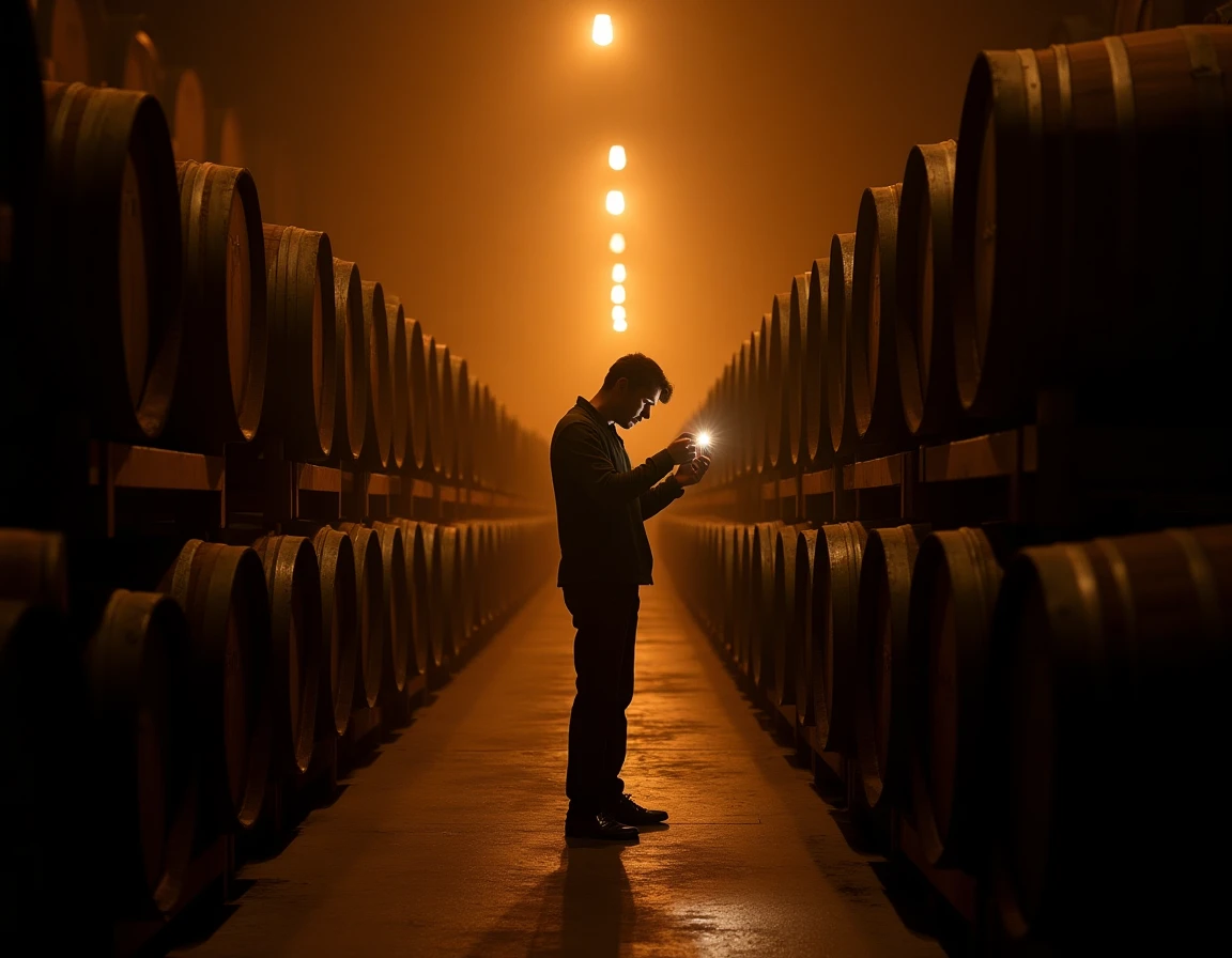 Medium-wide editorial photograph inside a dimly lit Yamazaki barrel warehouse, rows of aging casks stacked on wooden rac