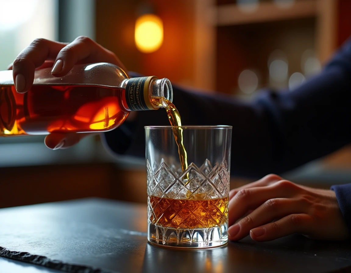 Close-up of two hands carefully pouring Nikka From The Barrel whisky from the square bottle into a Glencairn glass, liqu
