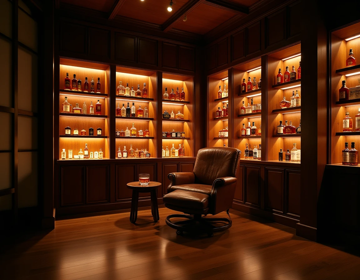 Wide interior shot of a dimly lit Japanese-style whisky room, wooden shelves lined with Nikka bottles including From The