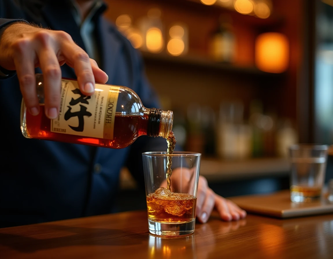 Close-up action shot of aged hands slowly pouring Nikka Yoichi whisky from the bottle into a traditional Glencairn glass