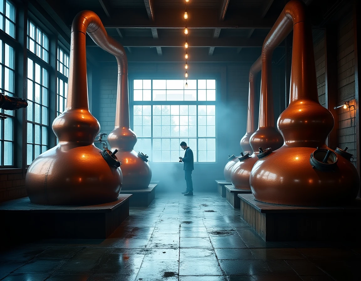 Wide atmospheric interior shot of the Yoichi distillery in Hokkaido, Japan, featuring aged copper pot stills illuminated