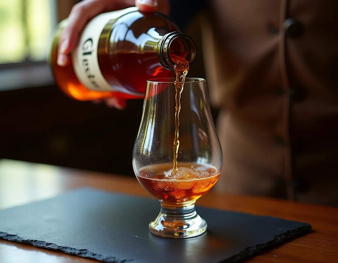 Close-up of a Japanese whisky being poured from a Nikka Coffey Grain bottle into a tulip-shaped nosing glass, amber liqu