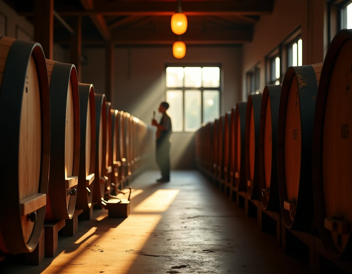 Wide editorial shot inside a traditional Japanese whisky maturation warehouse, rows of mizunara oak barrels stacked on w