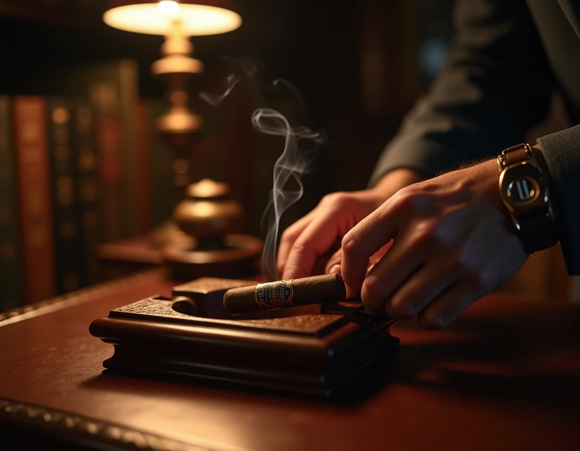 Close-up lifestyle shot of a pair of hands trimming and lighting a Padron 1964 Anniversary Maduro torpedo cigar over a c