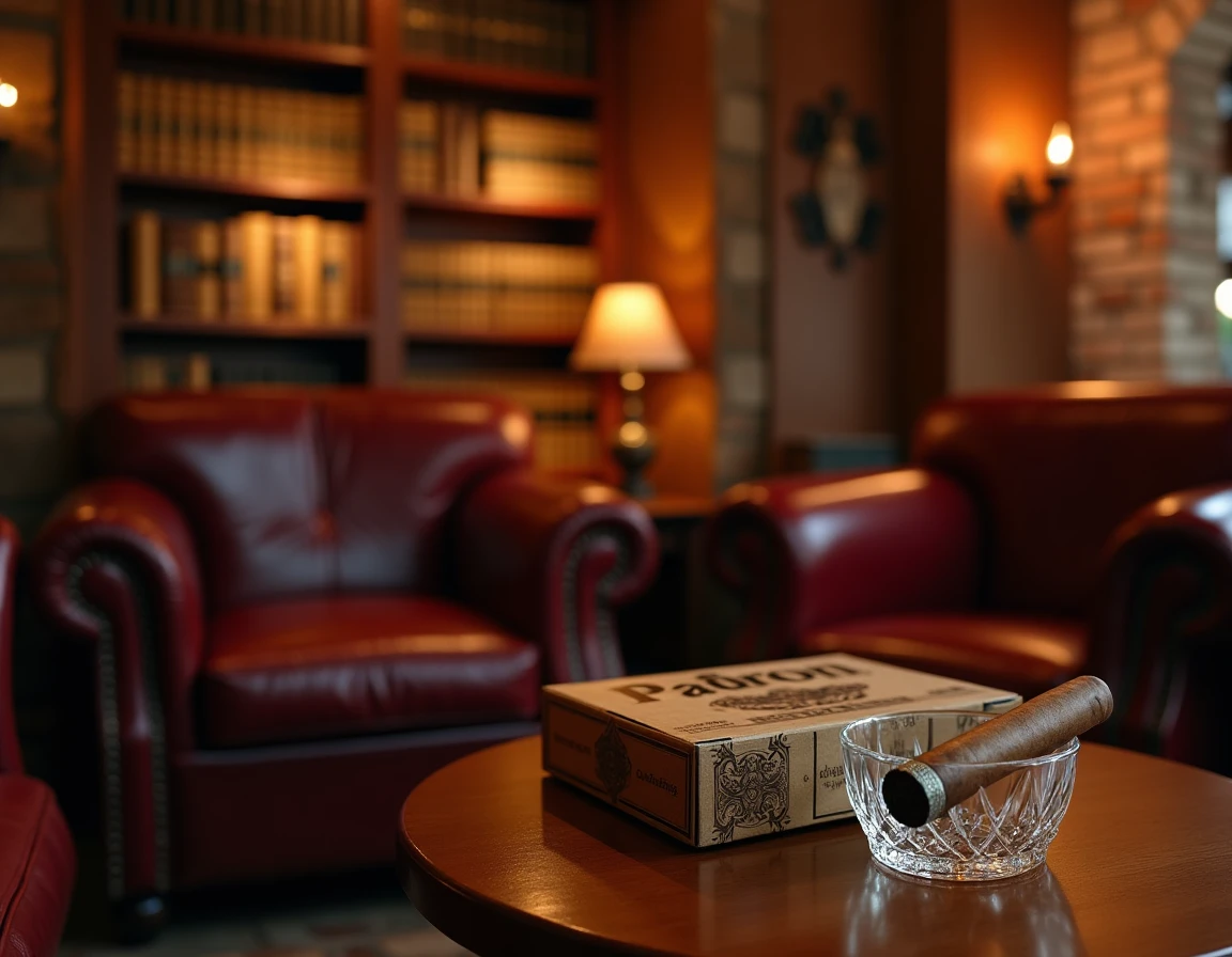 Wide interior shot of a traditional Nicaraguan-style cigar lounge, exposed brick walls, aged cedar paneling, deep leathe