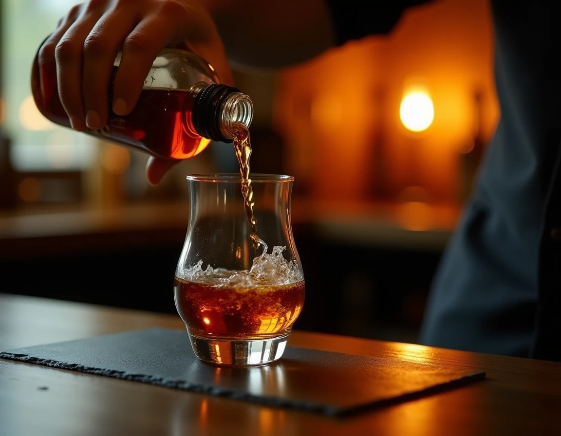 Close-up of a hand carefully pouring Nikka From the Barrel into a Glencairn glass, deep copper-amber liquid mid-pour, sm