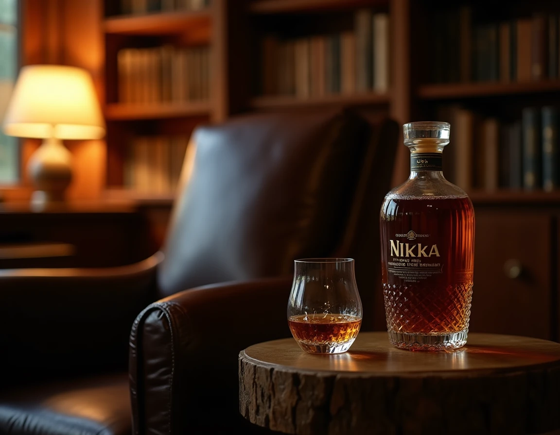 Wide interior shot of a dimly lit private library or Japanese whisky bar corner, leather armchair in background slightly