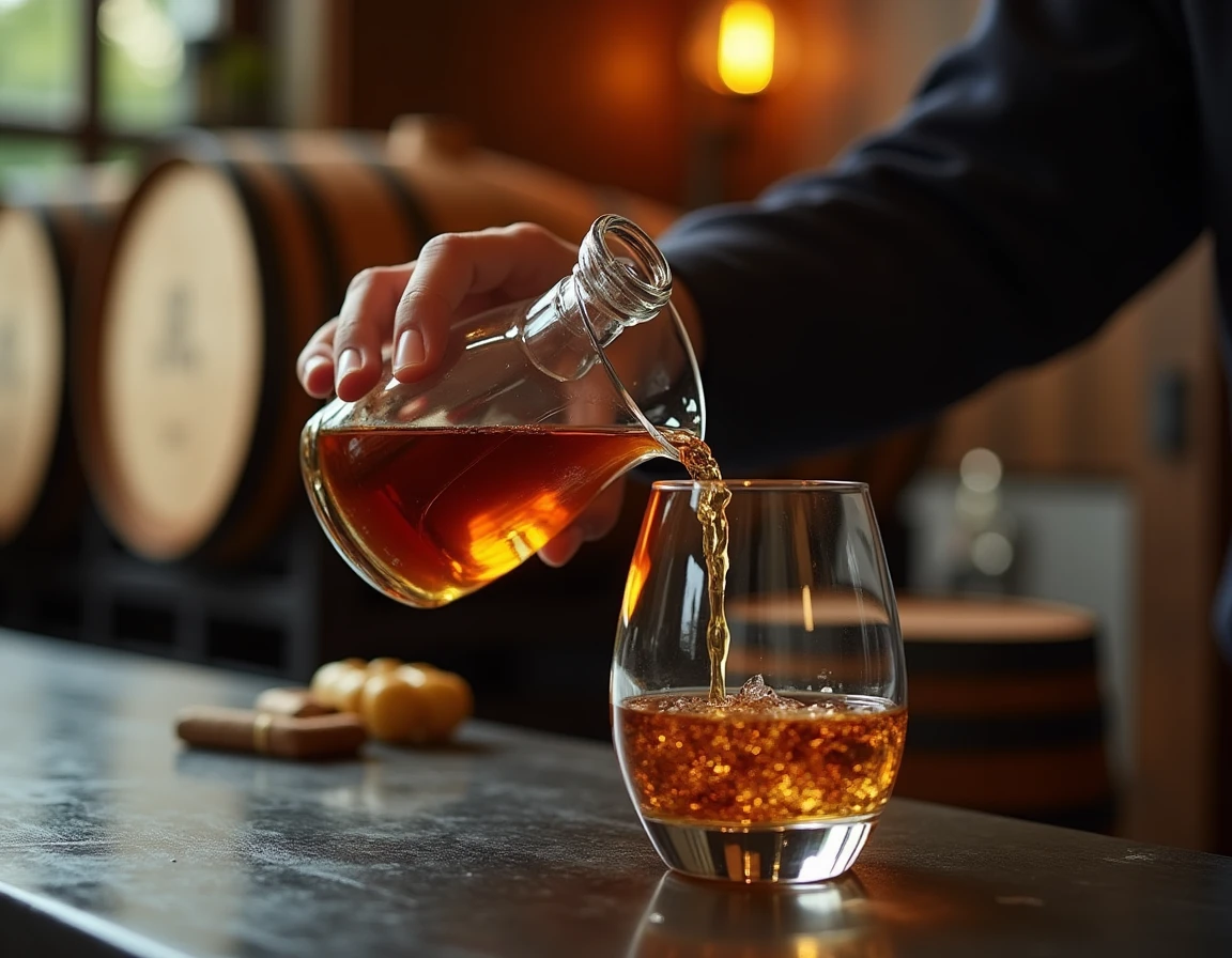 Close-up action shot of a whisky professional's hands carefully pouring Japanese single malt from a decanter into a Glen