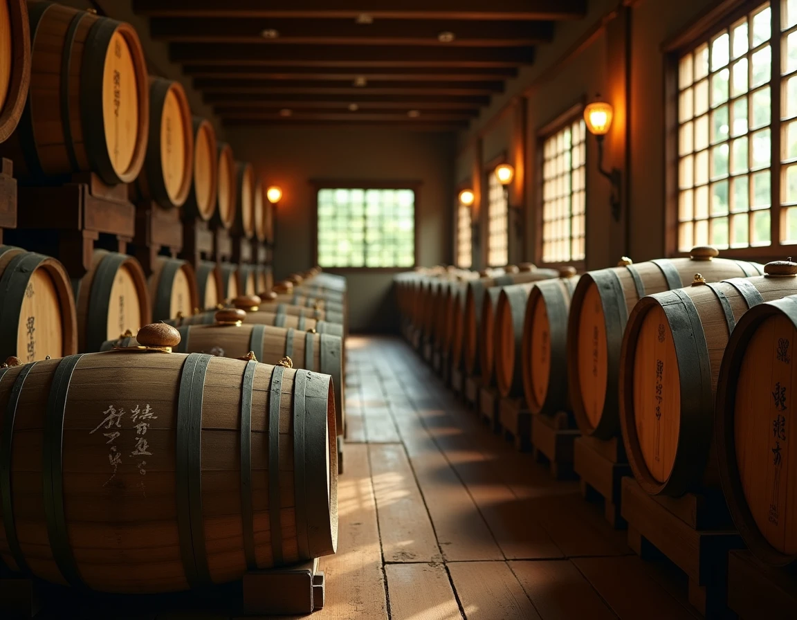 Interior of a traditional Japanese whisky warehouse, rows of aging oak and mizunara casks stacked on wooden ricks, soft
