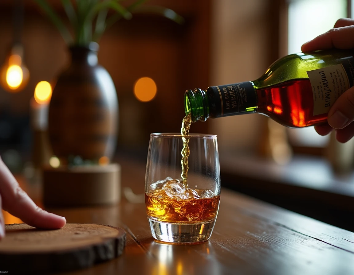 Close-up action shot of weathered hands carefully pouring Bunnahabhain single malt from a bottle into a Glencairn glass,