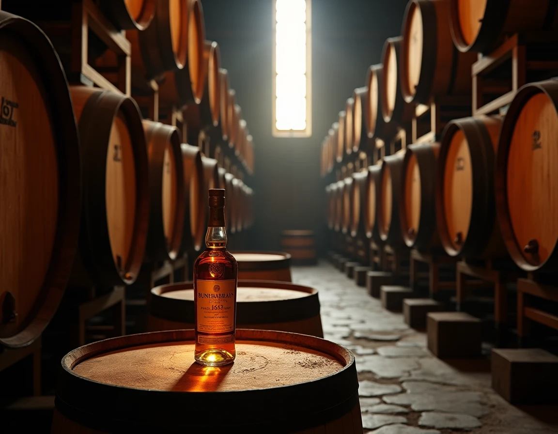 Wide atmospheric interior of a traditional Scottish distillery warehouse, rows of aging sherry and bourbon casks stacked