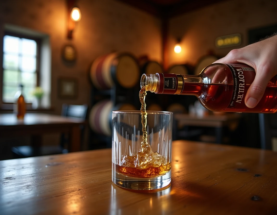 Close-up action shot of a hand pouring Weller bourbon from a bottle into a Glencairn glass set on a weathered walnut tab