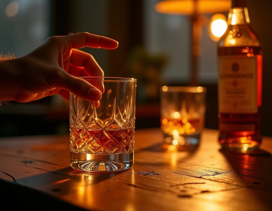 Close-up lifestyle shot of a hand gently swirling a Glencairn glass filled with Glenmorangie whisky, light catching the