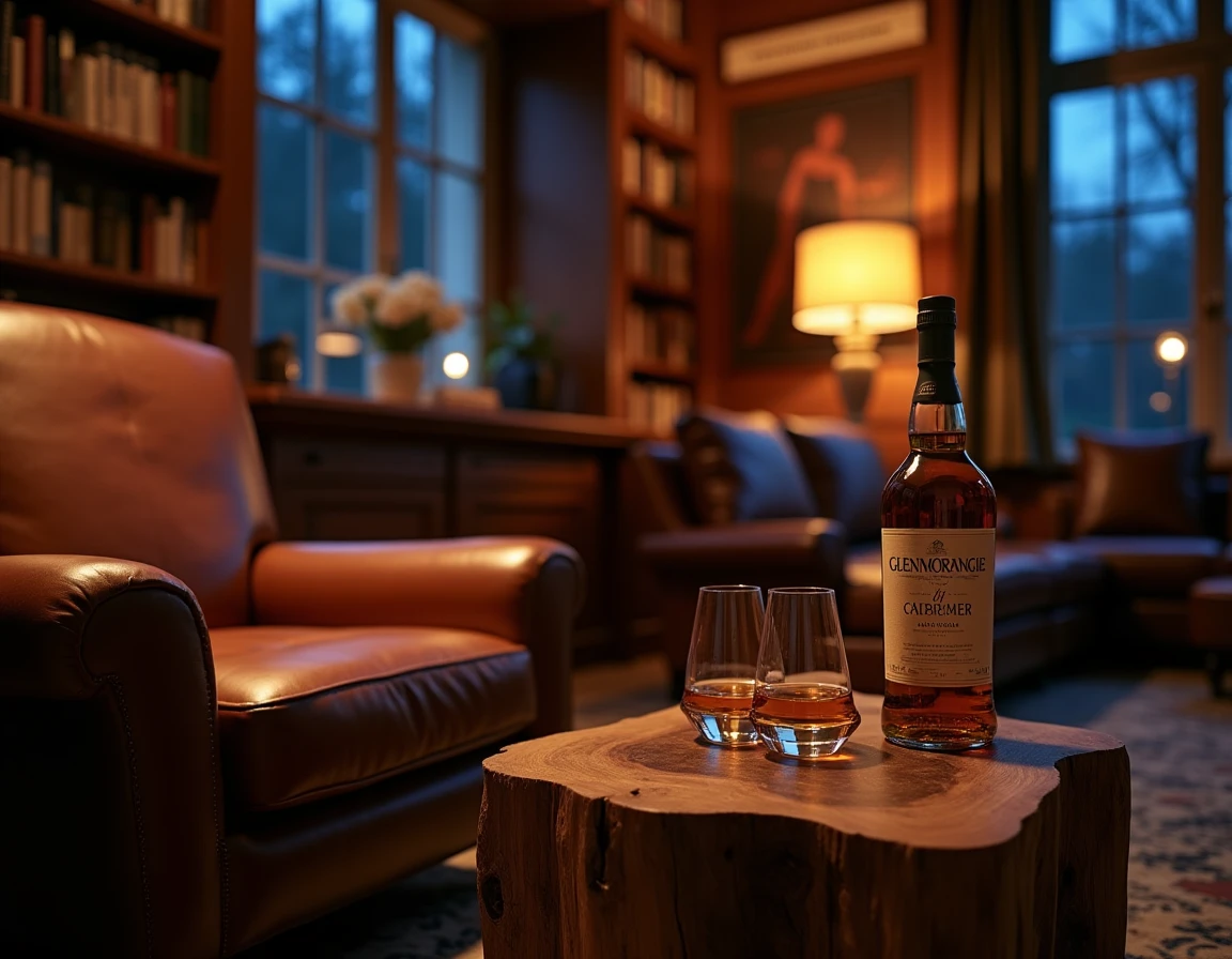 Wide contextual shot of a cozy Highland-style private library or study, leather armchair in the foreground with a Glenmo