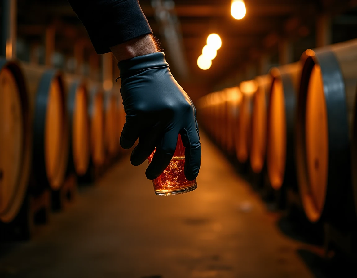 Close-up action shot of a gloved distillery worker in Yamazaki's barrel warehouse tilting a Japanese oak Mizunara cask f