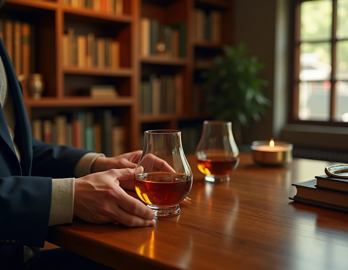 Medium shot of a man's hands cradling a Glencairn glass half-filled with deep amber Yamazaki whisky at a low wooden tabl