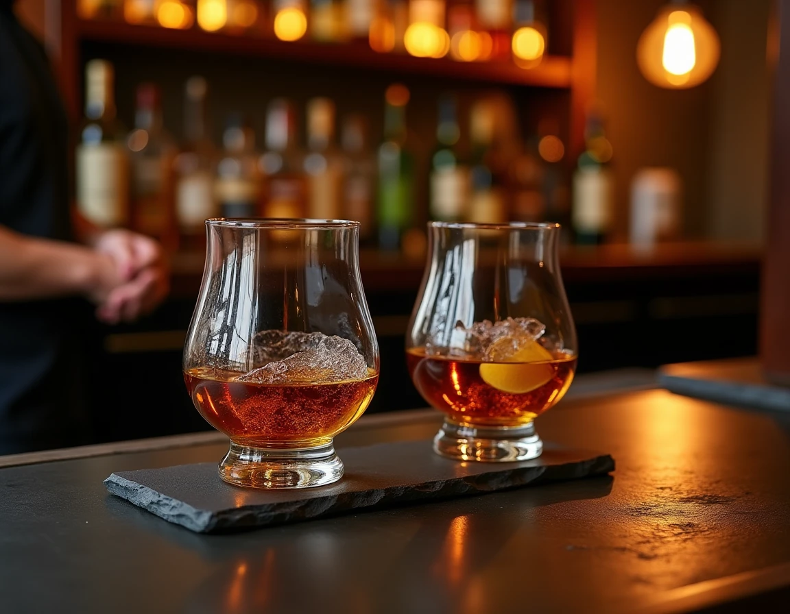 Close-up editorial of two Glencairn glasses on a dark slate bar counter, one filled with amber peated Islay whisky, cond