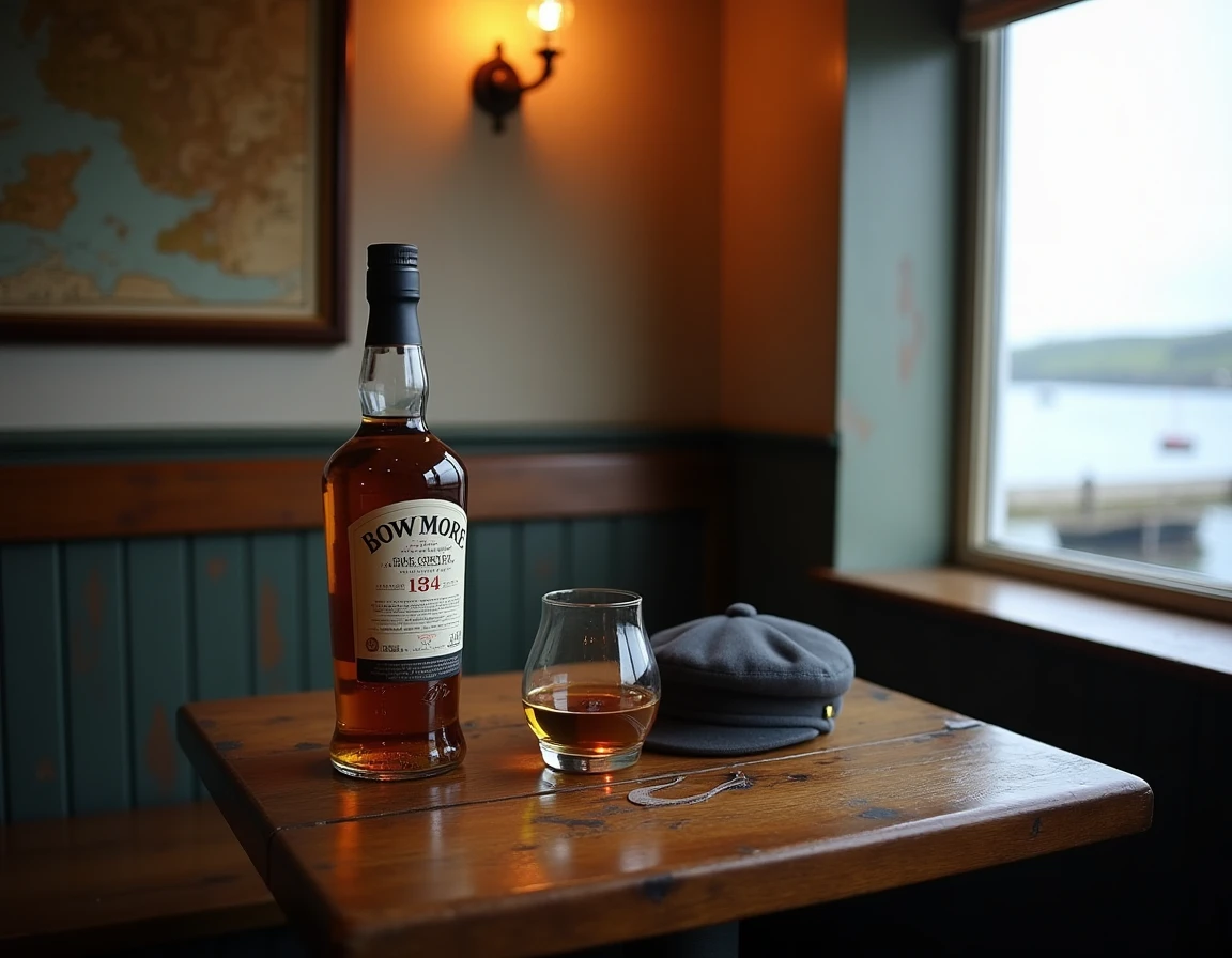 Interior atmosphere shot of a small Islay pub, Bowmore Harbour Inn style, a single malt whisky bottle and half-filled gl