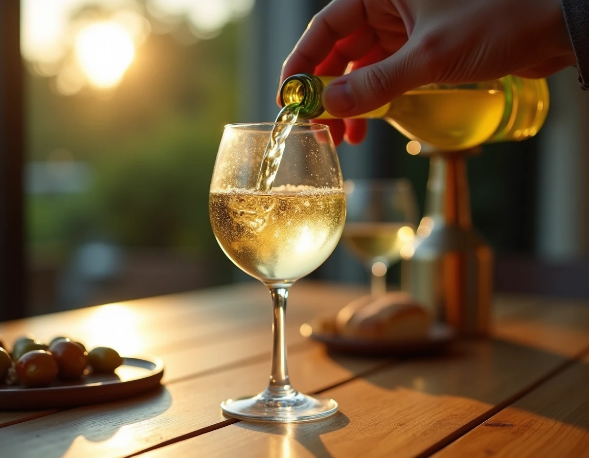 Medium close-up of a hand slowly pouring a pale golden Albariño into a wide-mouthed wine glass on a sun-lit wooden table