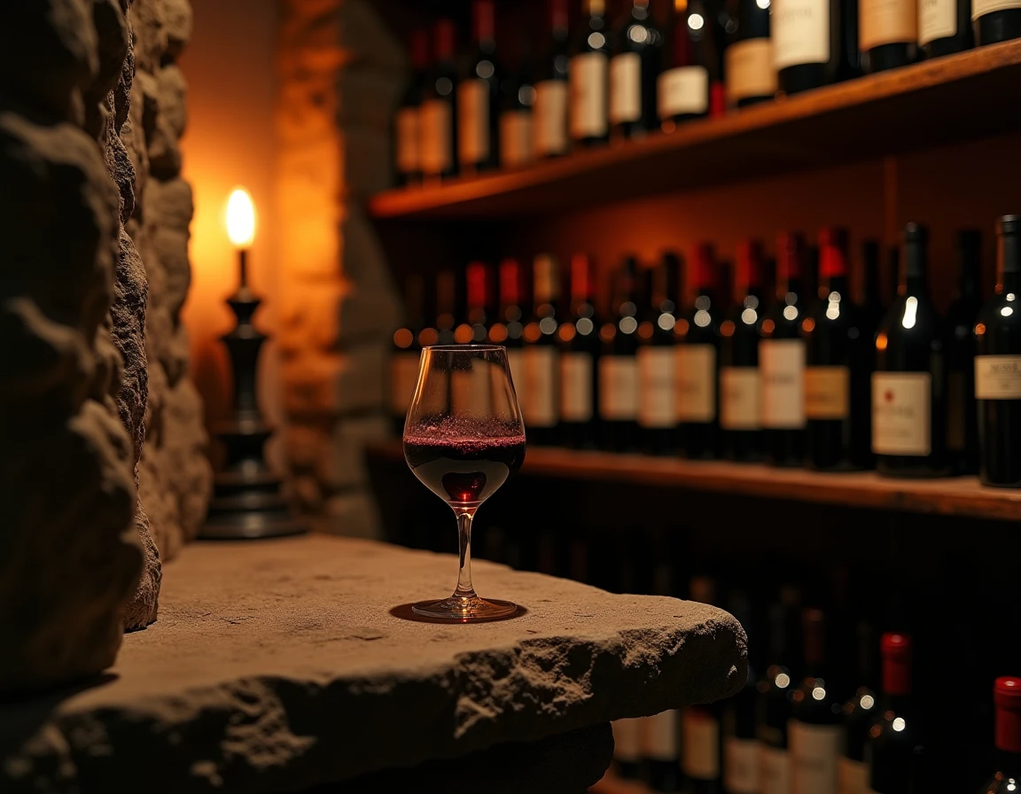 Interior of a dimly lit wine cellar library with stone walls, rows of dusty Barolo and Amarone bottles on wooden racks,