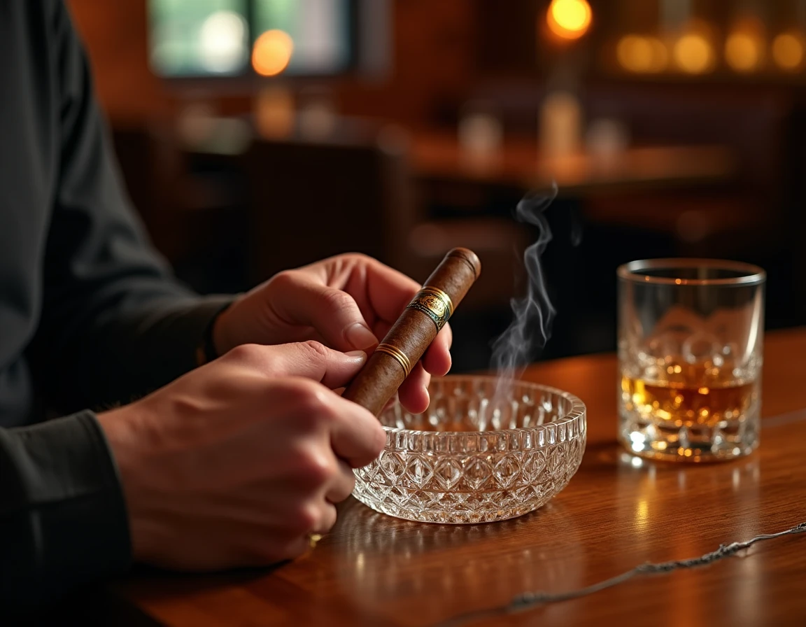 A pair of hands gently holding a lit Padron 1964 Maduro cigar over a crystal ashtray on a knotted oak table, thin white