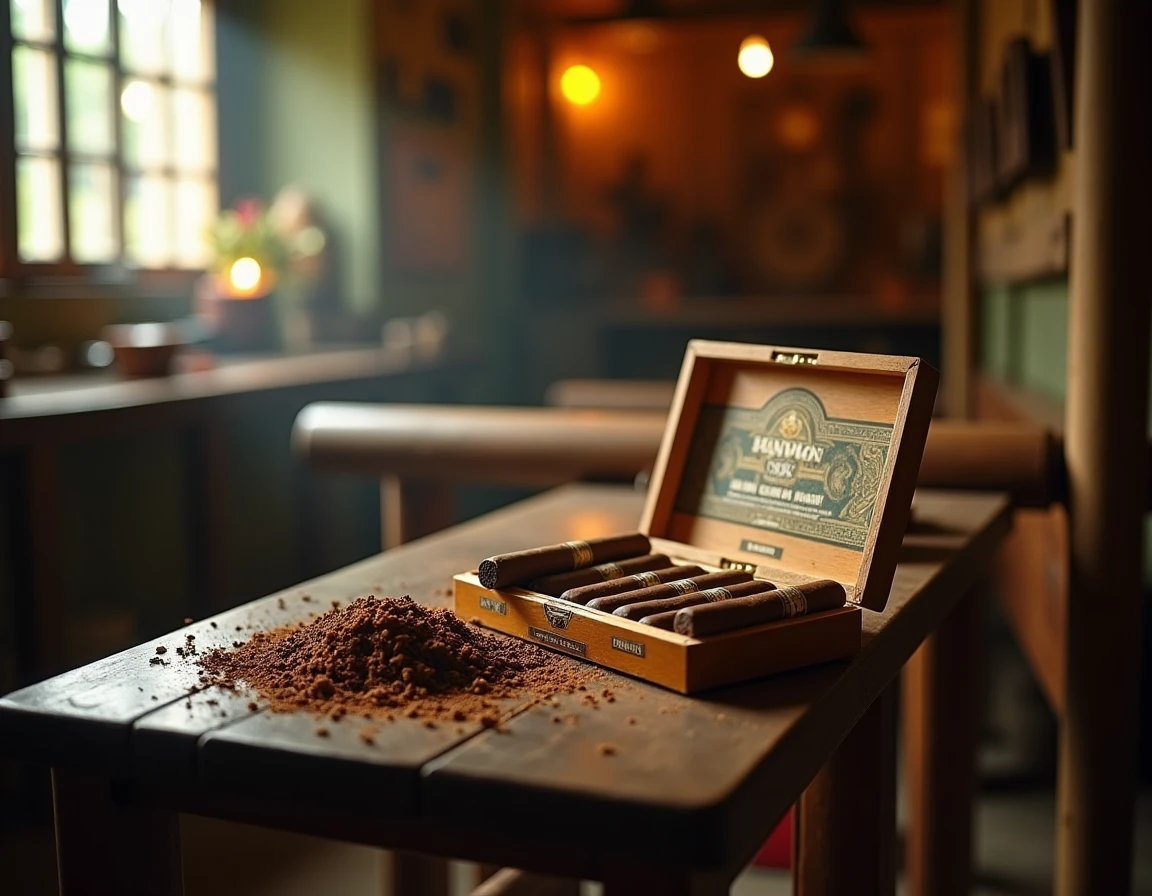 Interior of a traditional Nicaraguan cigar rolling room in Estelí, wooden rolling tables with aged tobacco leaves in the