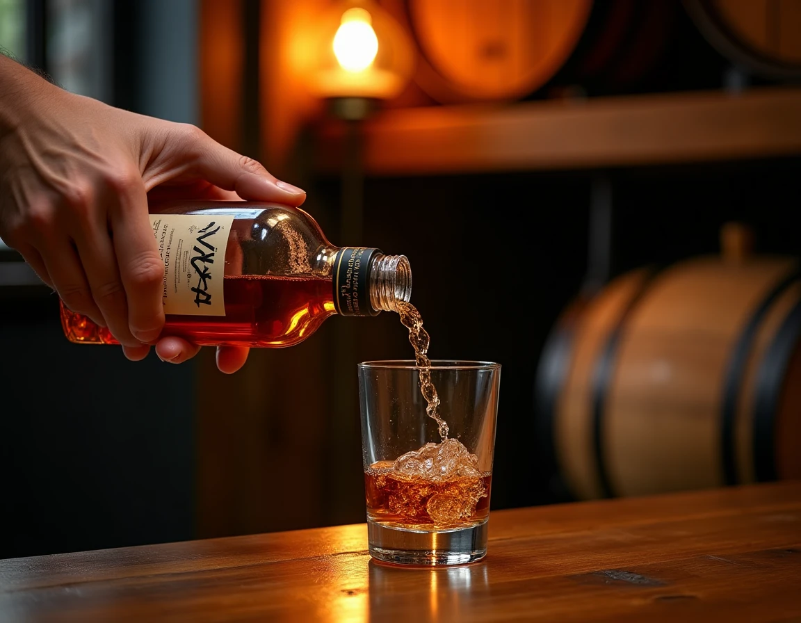 Close-up of two hands carefully pouring Nikka From The Barrel whisky from its compact rectangular bottle into a wide-mou