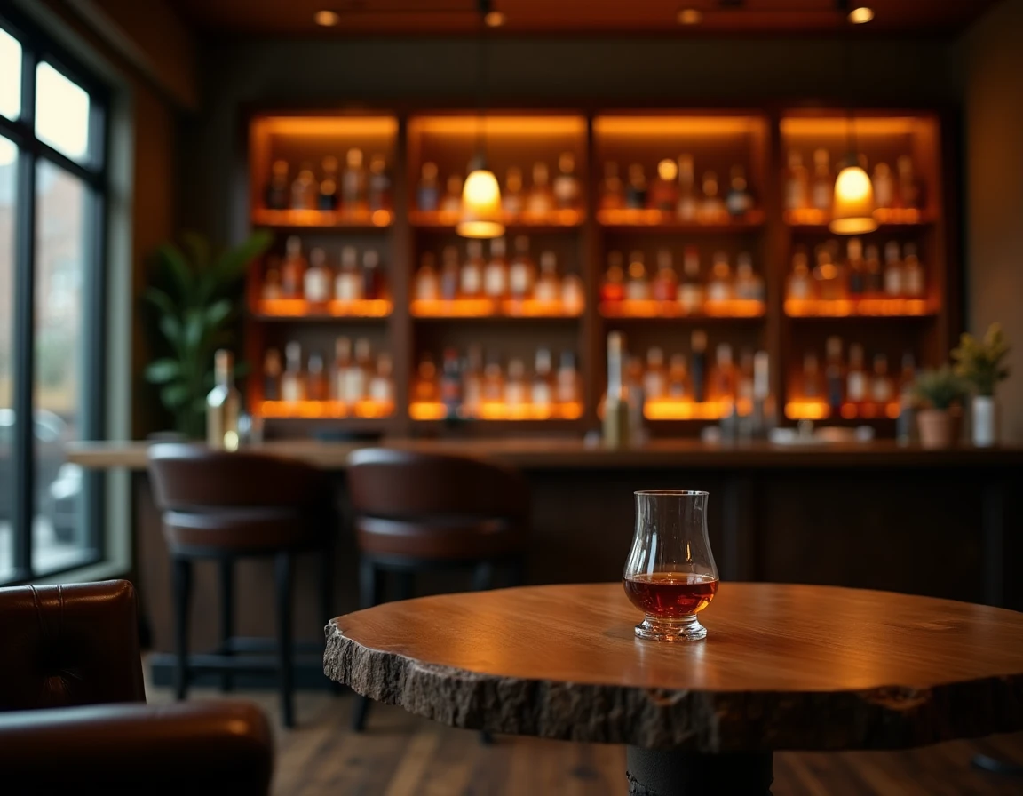 Wide interior shot of a dimly lit Japanese whisky library bar, wooden shelves lined with Nikka whisky bottles in the bac