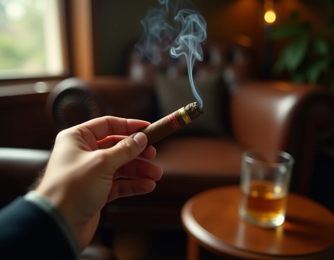 Close-up of a man's hand holding a lit Montecristo No. 2 torpedo cigar mid-smoke, thin white ash formed at the tip, soft