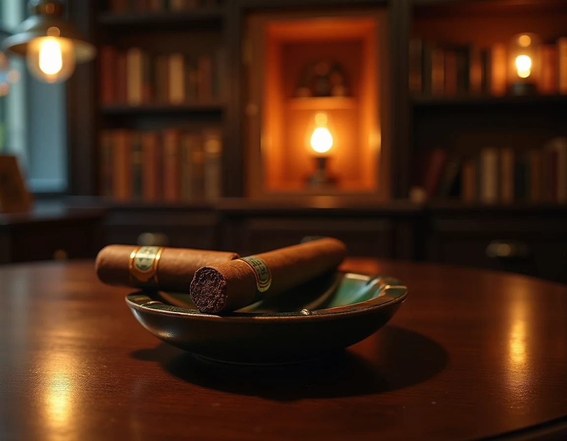 Wide atmospheric shot of a private smoking room interior, a Montecristo No. 2 cigar resting on a ceramic ashtray on a da
