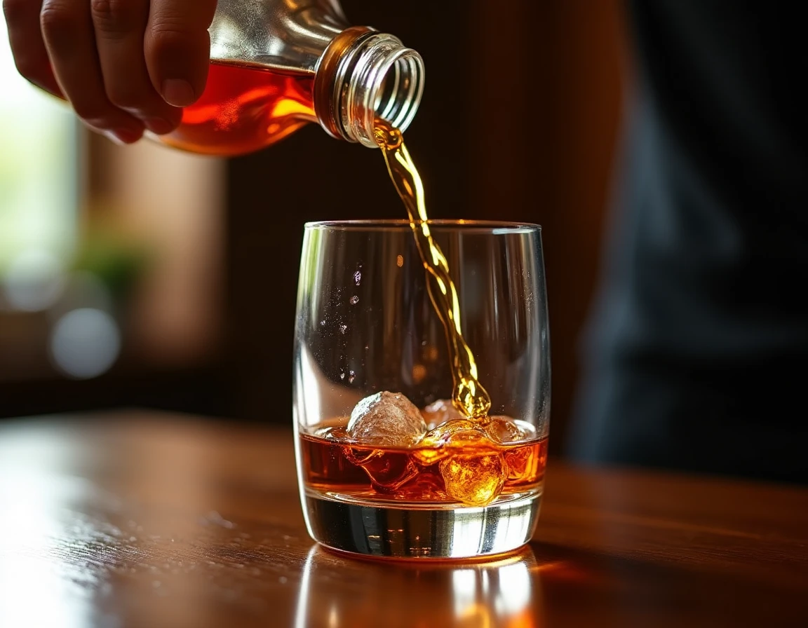 Close-up action shot of a steady hand carefully pouring Nikka From the Barrel into a Glencairn glass, the thick amber st