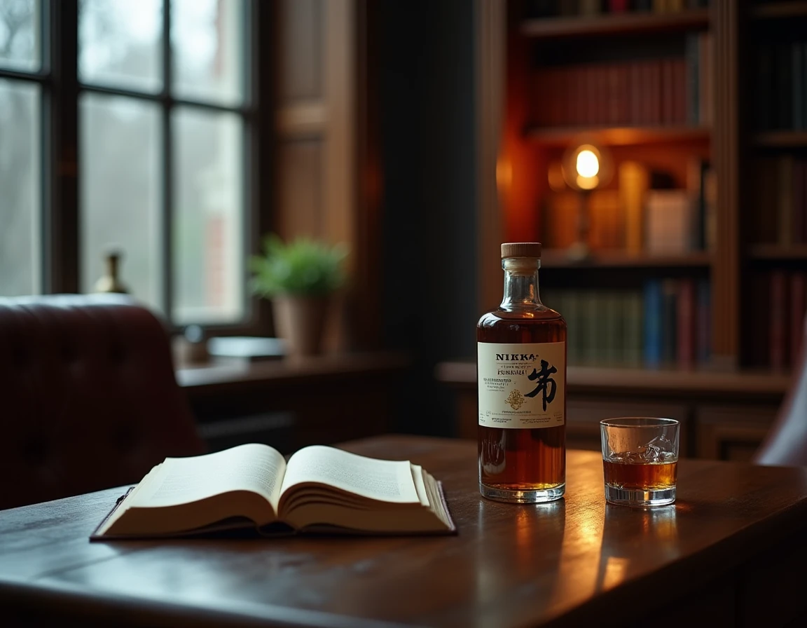 Atmospheric setting of a private study or whisky library, the Nikka From the Barrel bottle placed on a heavy oak desk be