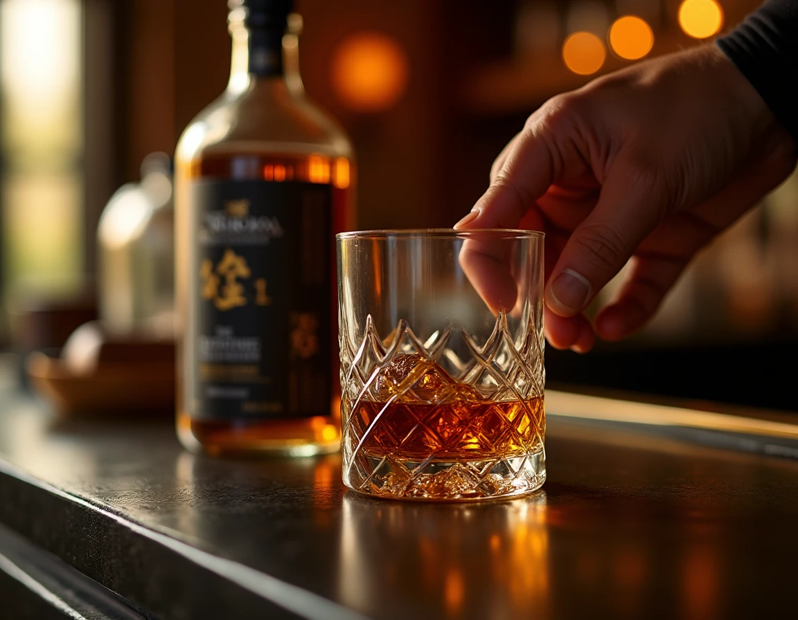 Close-up editorial shot of a hand gently swirling a Glencairn glass filled with Nikka From The Barrel whisky, amber liqu