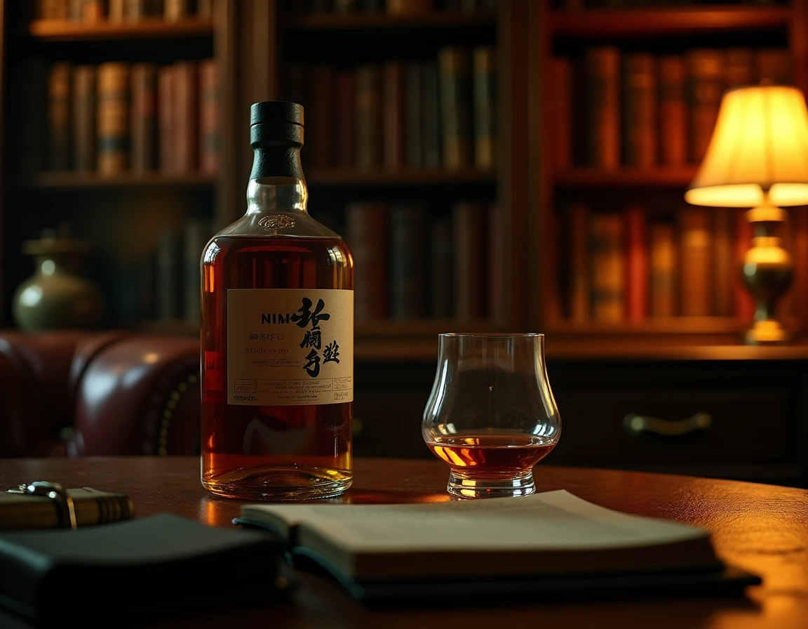 Wide atmospheric shot of a dimly lit private study or whisky library interior, a Nikka From The Barrel bottle and a pour