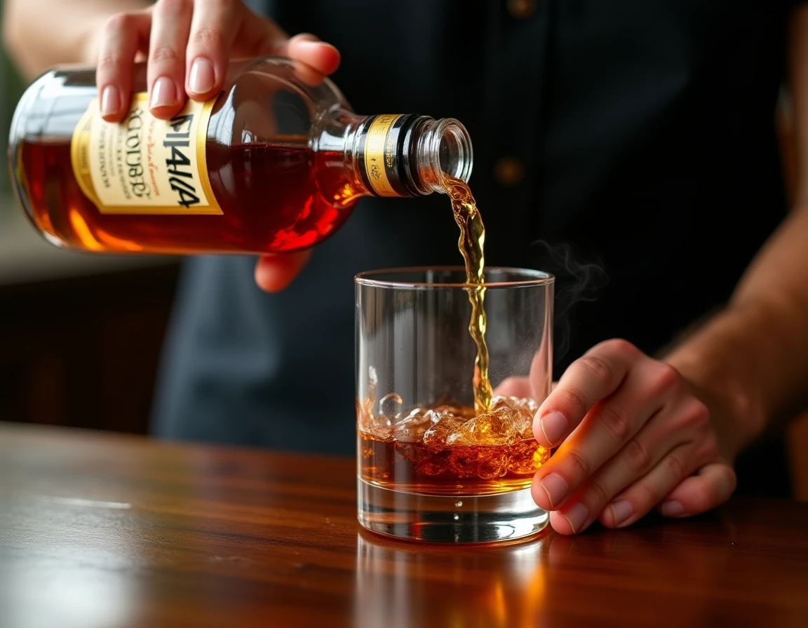 Close-up action shot of whisky being poured from a Nikka From The Barrel bottle into a Glencairn glass, liquid mid-pour 