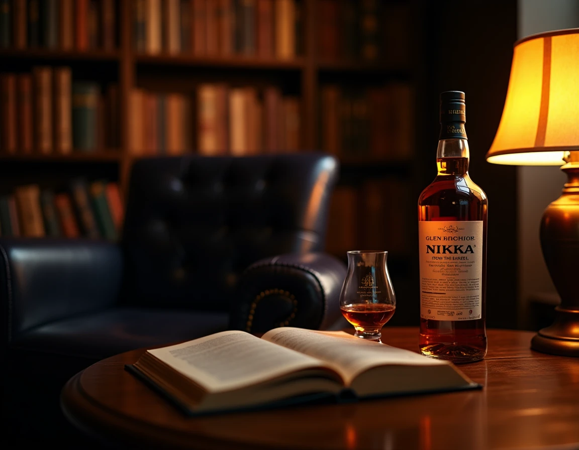 Atmospheric wide shot of a dimly lit private library or study corner, leather armchair in the background, Nikka From The