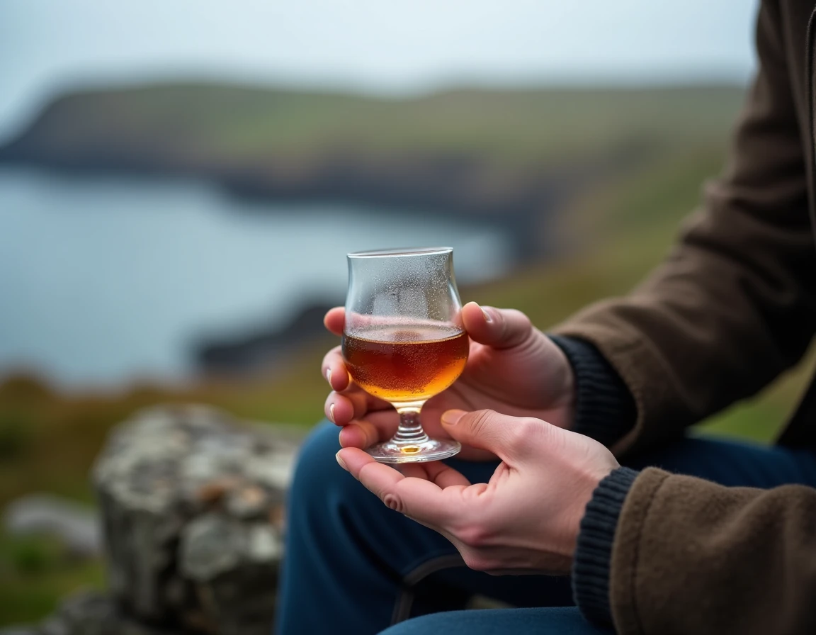 Editorial medium shot of a man's hands holding a Glencairn glass half-filled with dark amber whisky, seated outdoors on