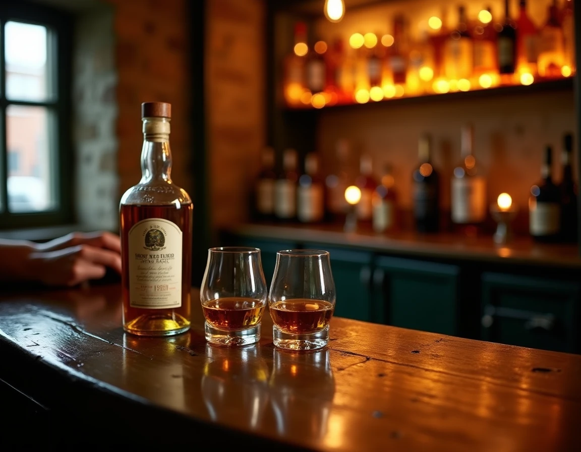Editorial interior shot of a small traditional Scottish pub bar counter, worn oak surface, two Glencairn glasses and an