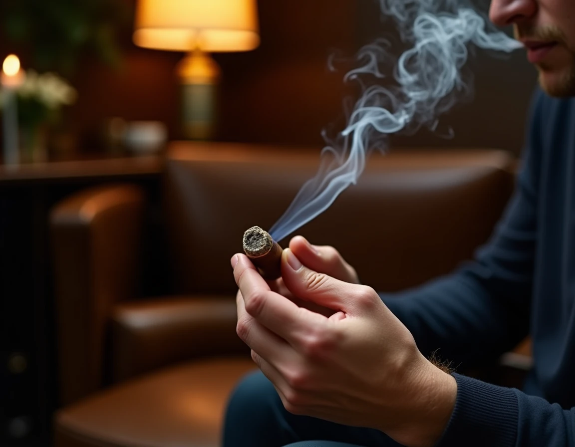 Close-up action shot of a man's hands holding a lit Padron 1964 Anniversary Maduro torpedo, steady stream of dense grey-