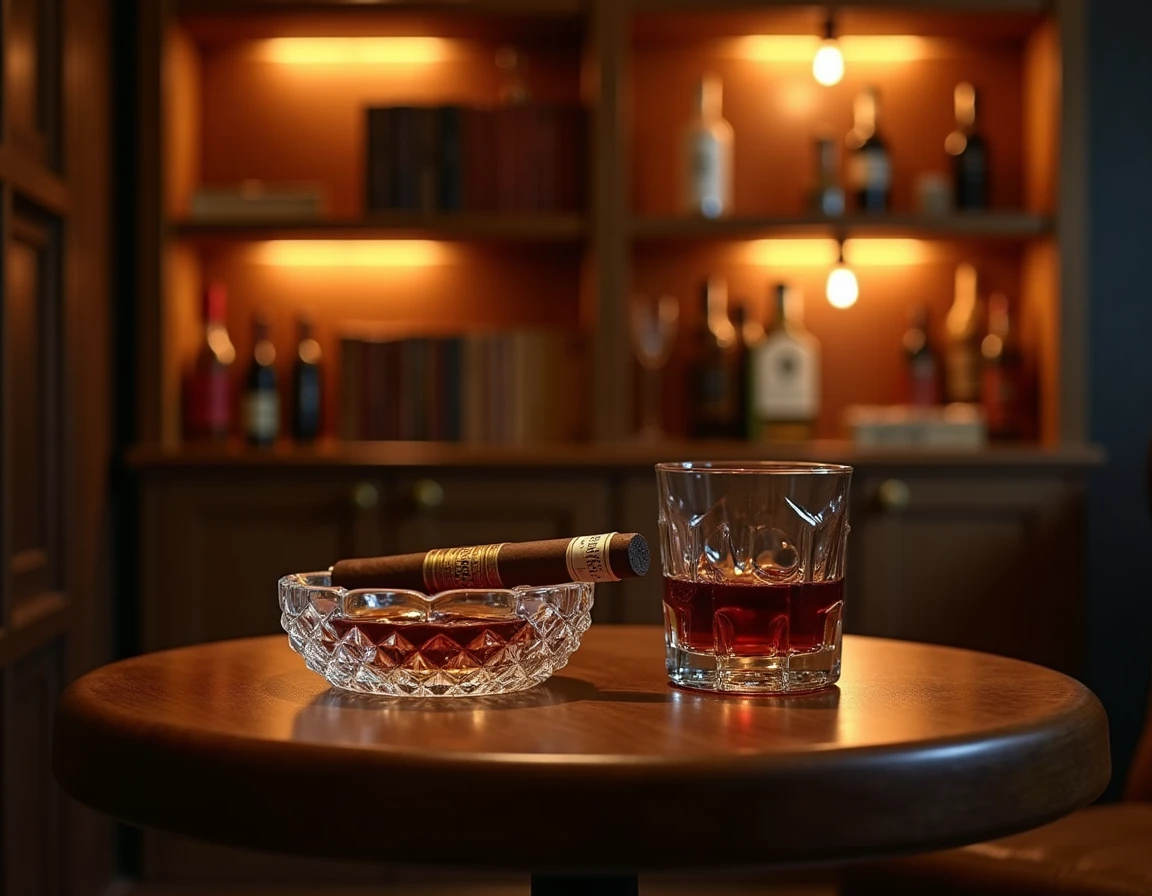 Wide-angle lifestyle photograph of a private cigar lounge corner, Padron 1964 Anniversary Maduro cigar resting in a heav