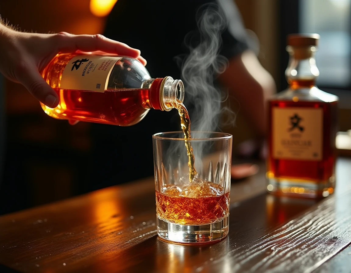 Close-up action shot of hands slowly pouring Nikka From The Barrel whisky from the iconic square bottle into a Glencairn