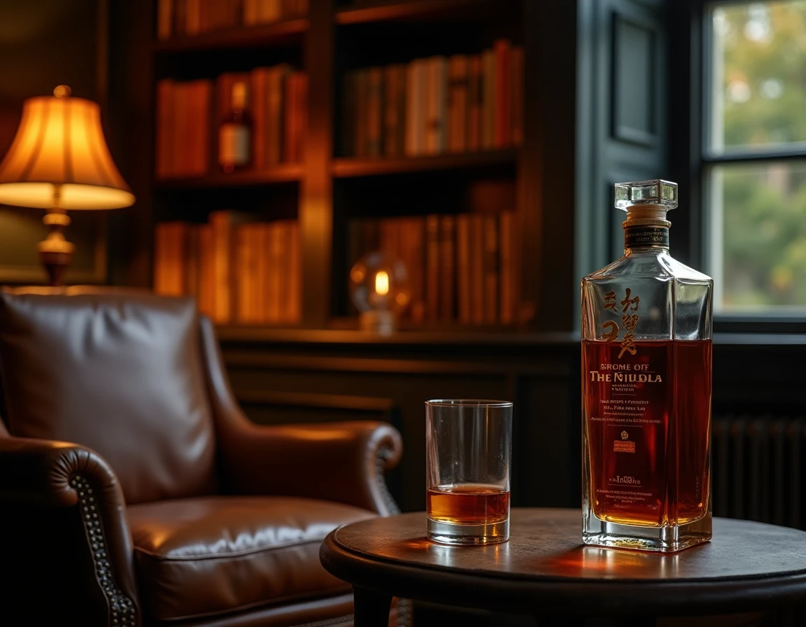 Wide atmospheric shot of a private library or whisky study corner, leather armchair, low wooden shelves stacked with whi