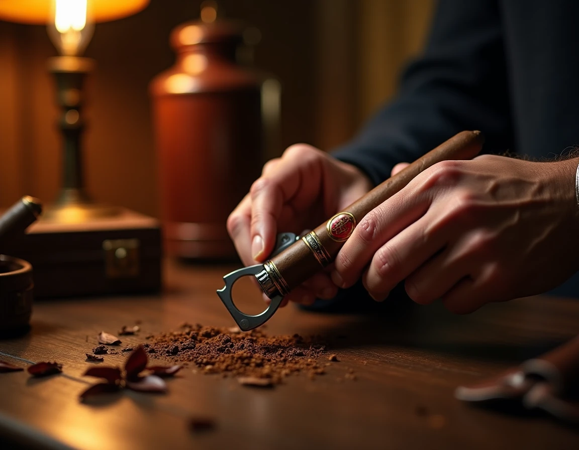 Mid-shot of a pair of hands with a cigar cutter about to clip the torpedo tip of a Padrón Maduro cigar, dark wooden tabl