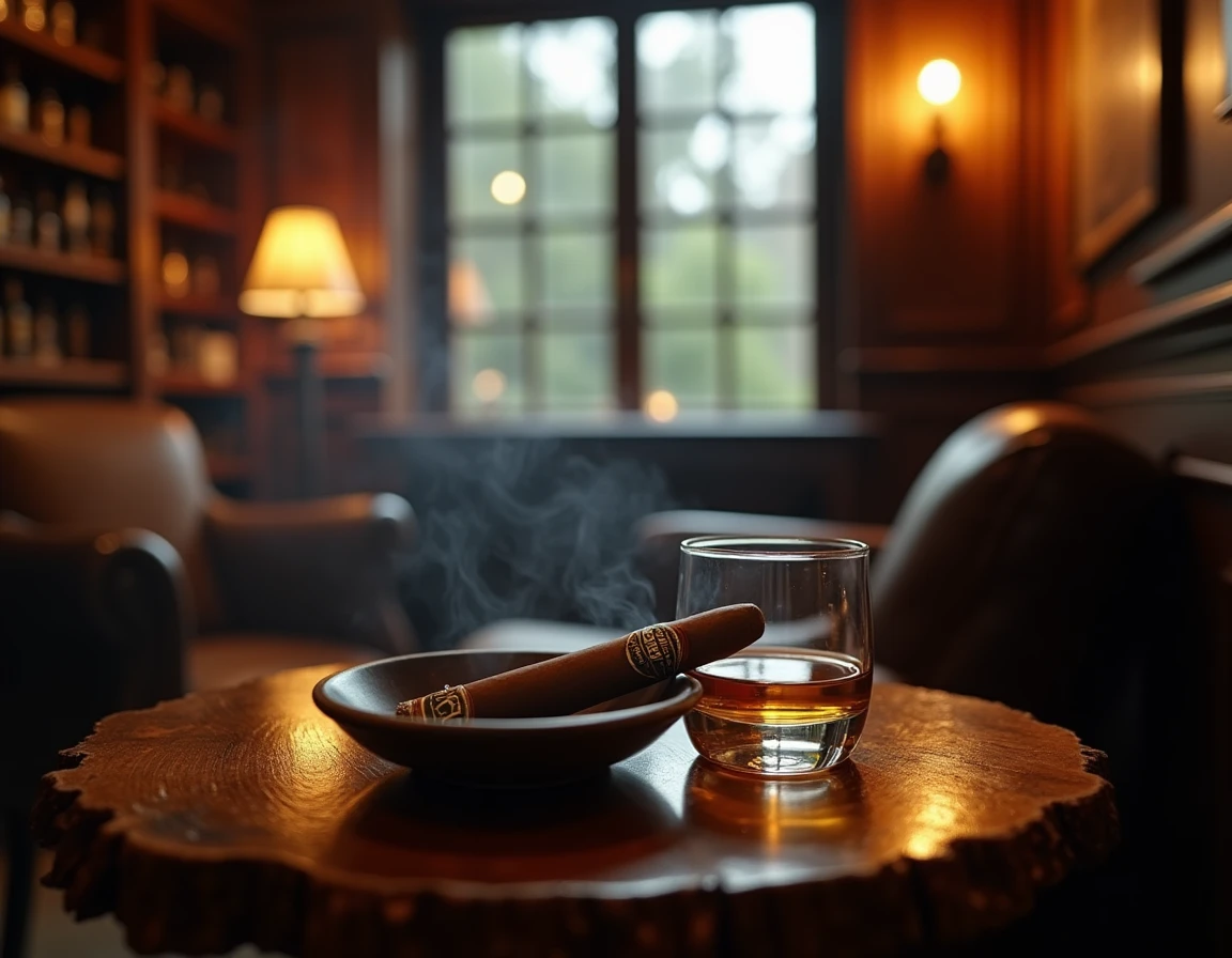 Wide establishing shot inside a dimly lit traditional cigar lounge, a lit Padrón Maduro torpedo cigar resting on a ceram